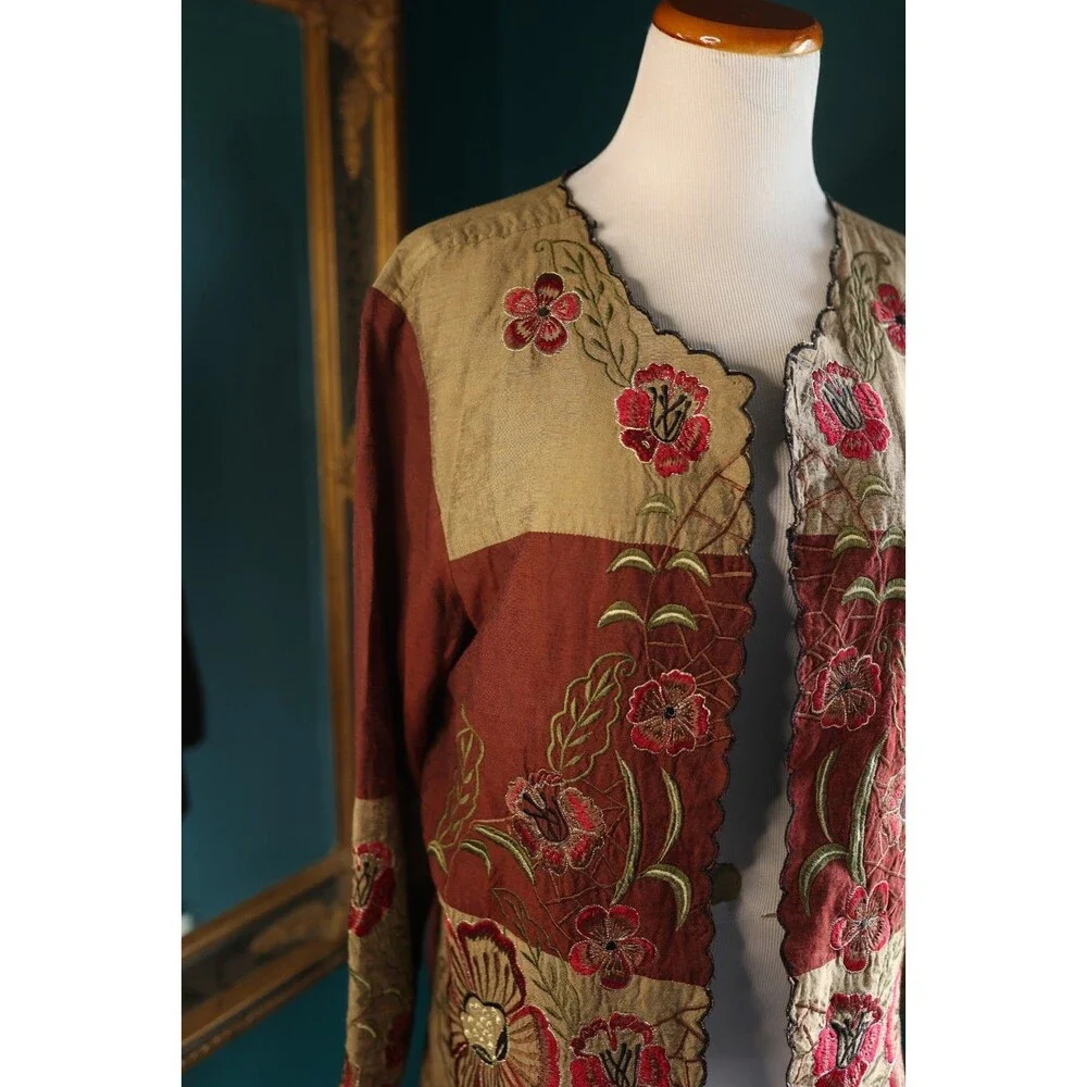 Vintage Liz Baker Metallic Floral Embroidered Lightweight Open Blazer Artsy L